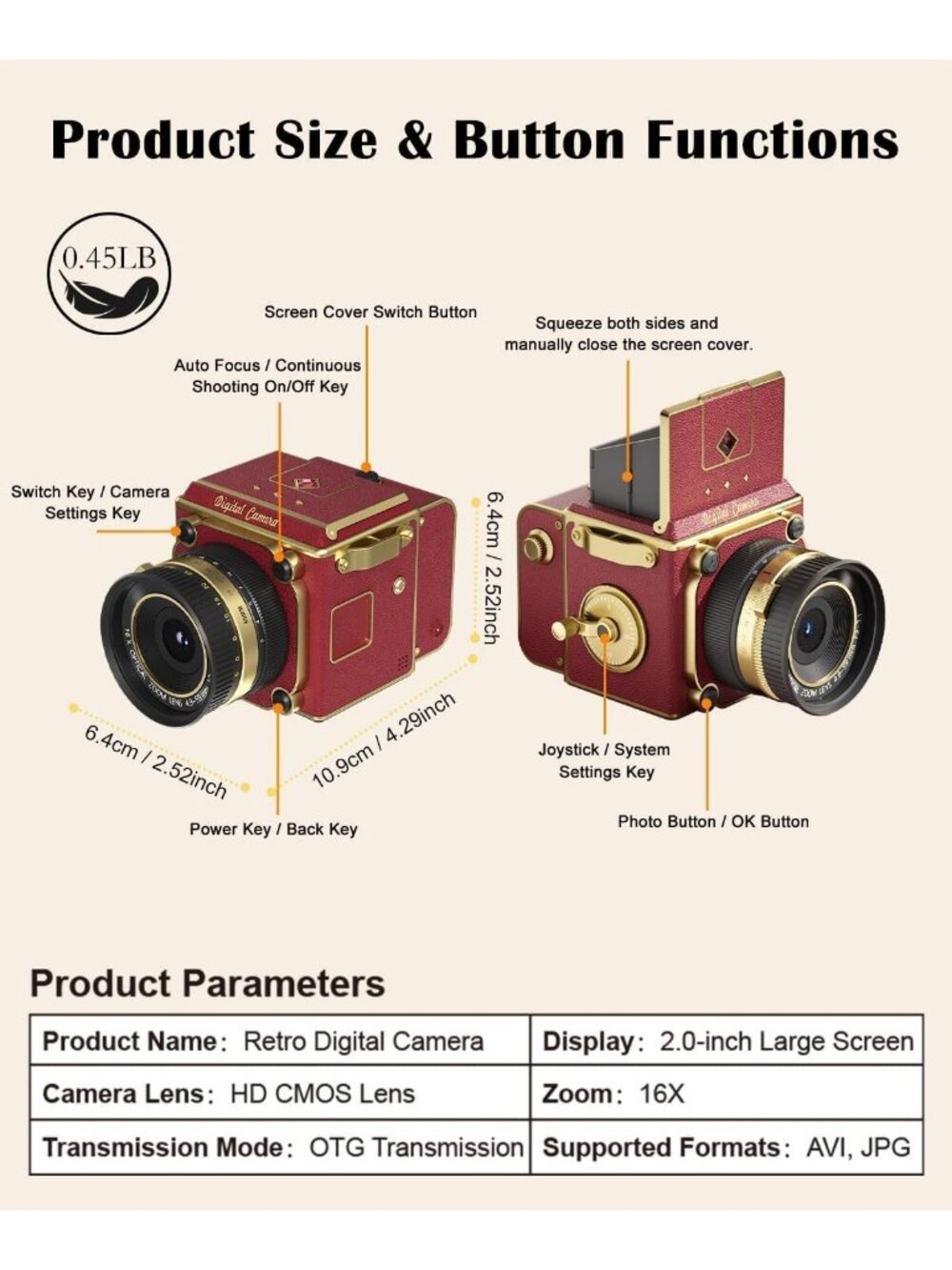 64MP Retro Digital Camera, 2.7K Point & Shoot, Autofocus, 16X Zoom, Compact for - Picture 8 of 9